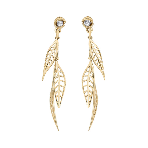 Crafted in 14KT yellow Canadian Certified Gold, these earrings feature three willow tree leaves dangling from studs each set with a round brilliant-cut Canadian Diamond