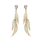 Willow dangle earrings Crafted in 14KT yellow Canadian Certified Gold, these earrings feature three willow tree leaves dangling from studs each set with a round brilliant-cut Canadian Diamond.