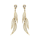 Willow dangle earrings Crafted in 14KT yellow Canadian Certified Gold, these earrings feature three willow tree leaves dangling from studs each set with a round brilliant-cut Canadian Diamond.
