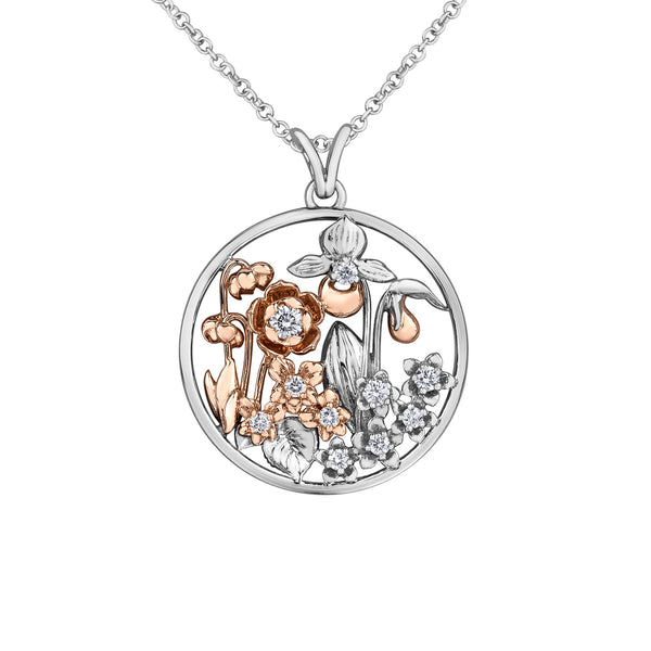 Crafted in 14KT rose and white Certified Canadian Gold, this pendant features flowers from the Maritimes set with round brilliant-cut Canadian diamonds