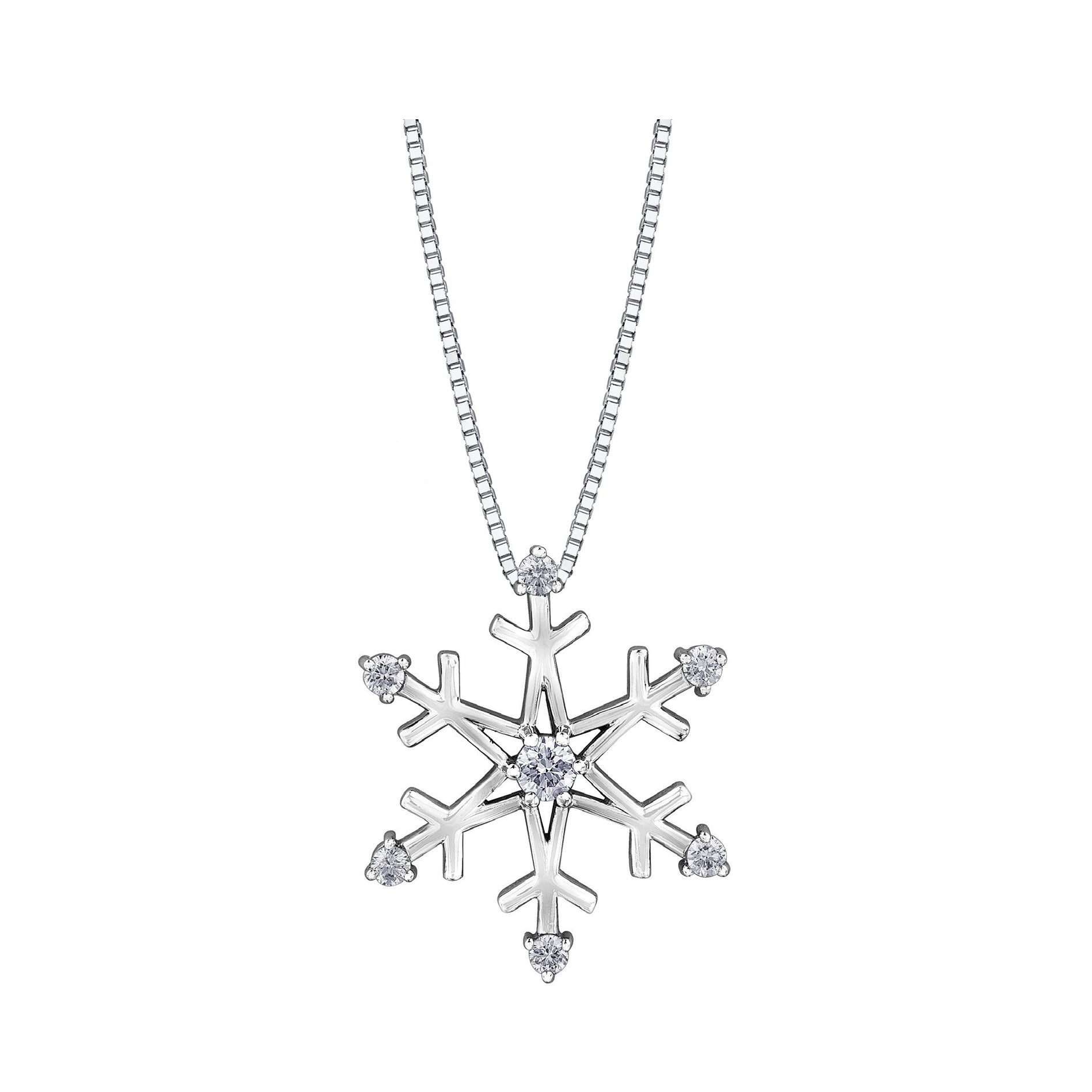Crafted in 14KT white  Canadian Certified Gold, this necklace features a medium sized snowflake pendant set with round brilliant-cut Canadian diamonds. 