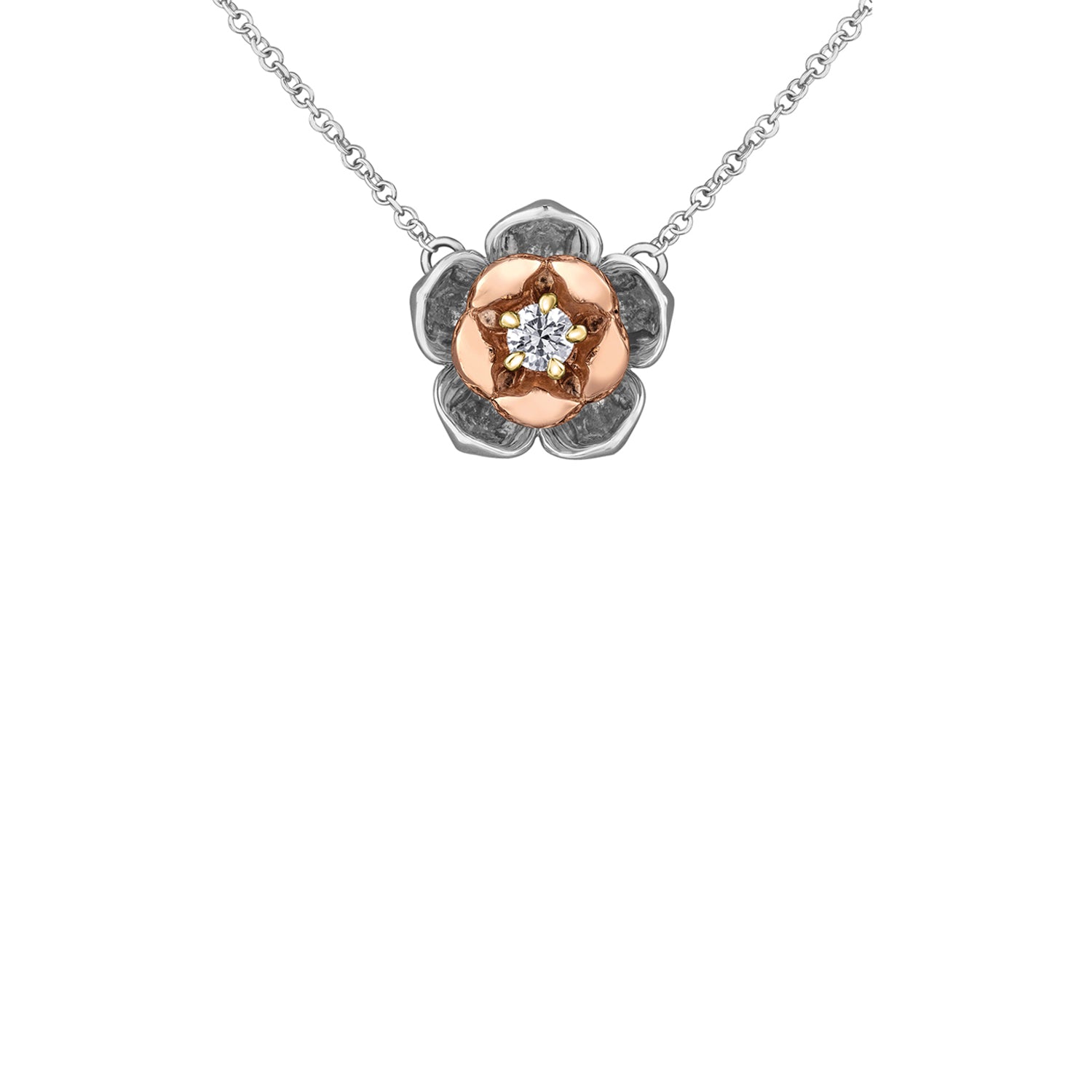 Crafted in 14KT rose and white Certified Canadian Gold, this necklace features a Newfoundland & Labrador pitcher plant flower set with a round brilliant-cut Canadian diamond