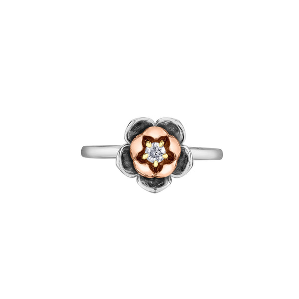 Crafted in 14KT rose and white Certified Canadian Gold, this ring features a Newfoundland & Labrador pitcher plant flower set with a round brilliant-cut Canadian diamond