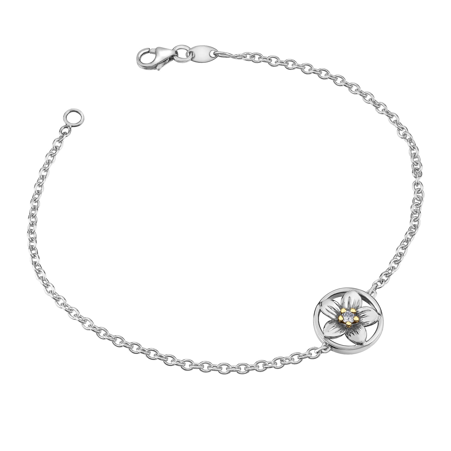 Crafted in 14KT yellow and white Certified Canadian Gold, this bracelet features a Nova Scotia mayflower set with a round brilliant-cut Canadian diamond