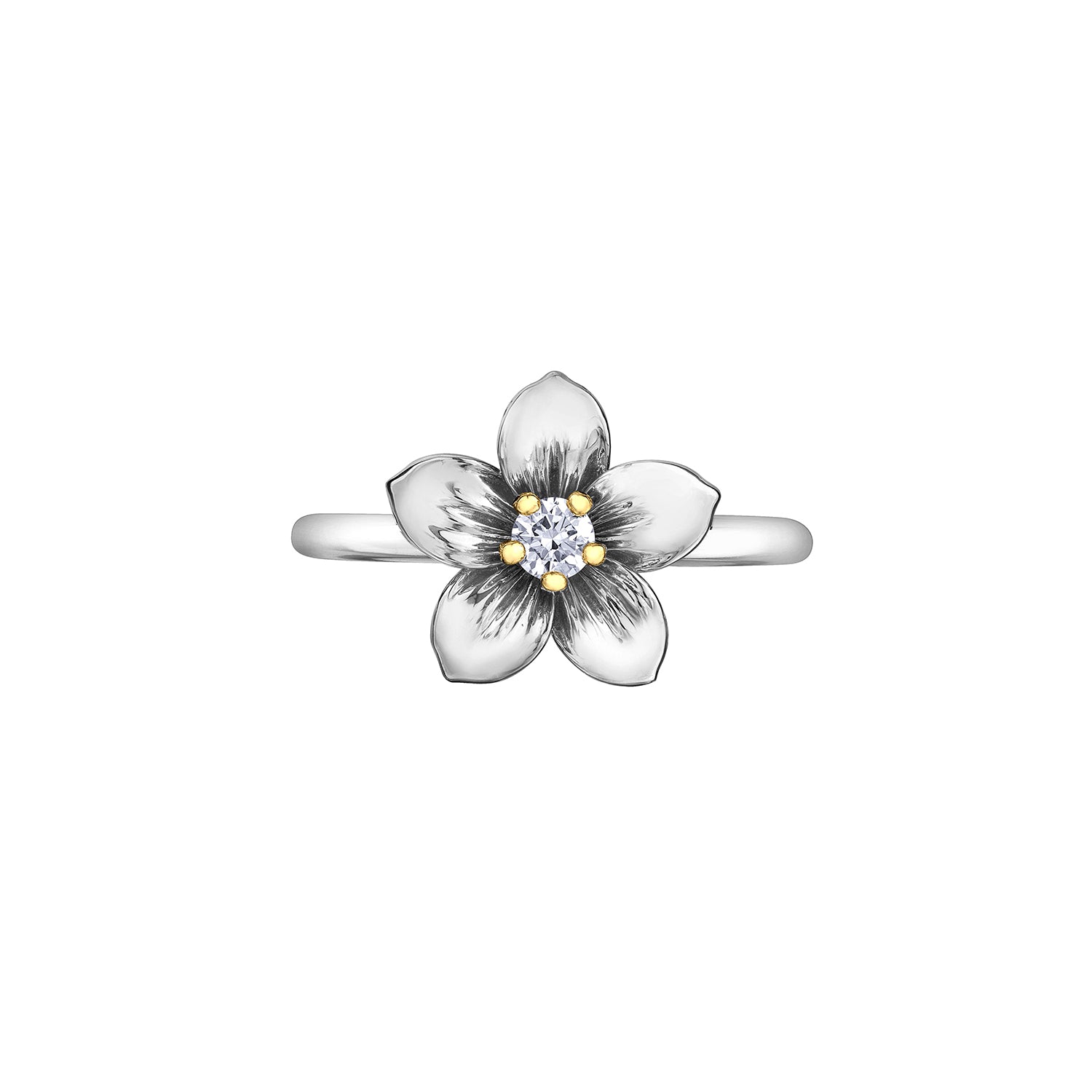 Crafted in 14KT yellow and white Certified Canadian Gold, this ring features a Nova Scotia mayflower set with a round brilliant-cut Canadian diamond