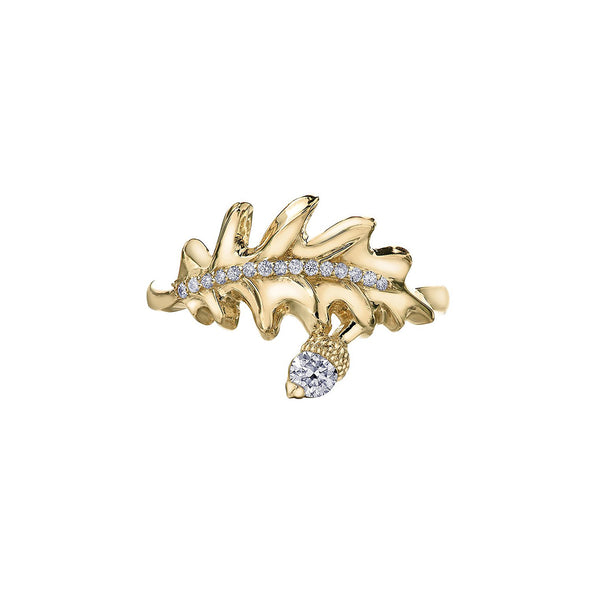 Crafted in 14KT yellow Canadian Certified Gold, this ring features a large oak leaf set with a row of diamonds and an acorn charm set with a round brilliant-cut Canadian diamond. 