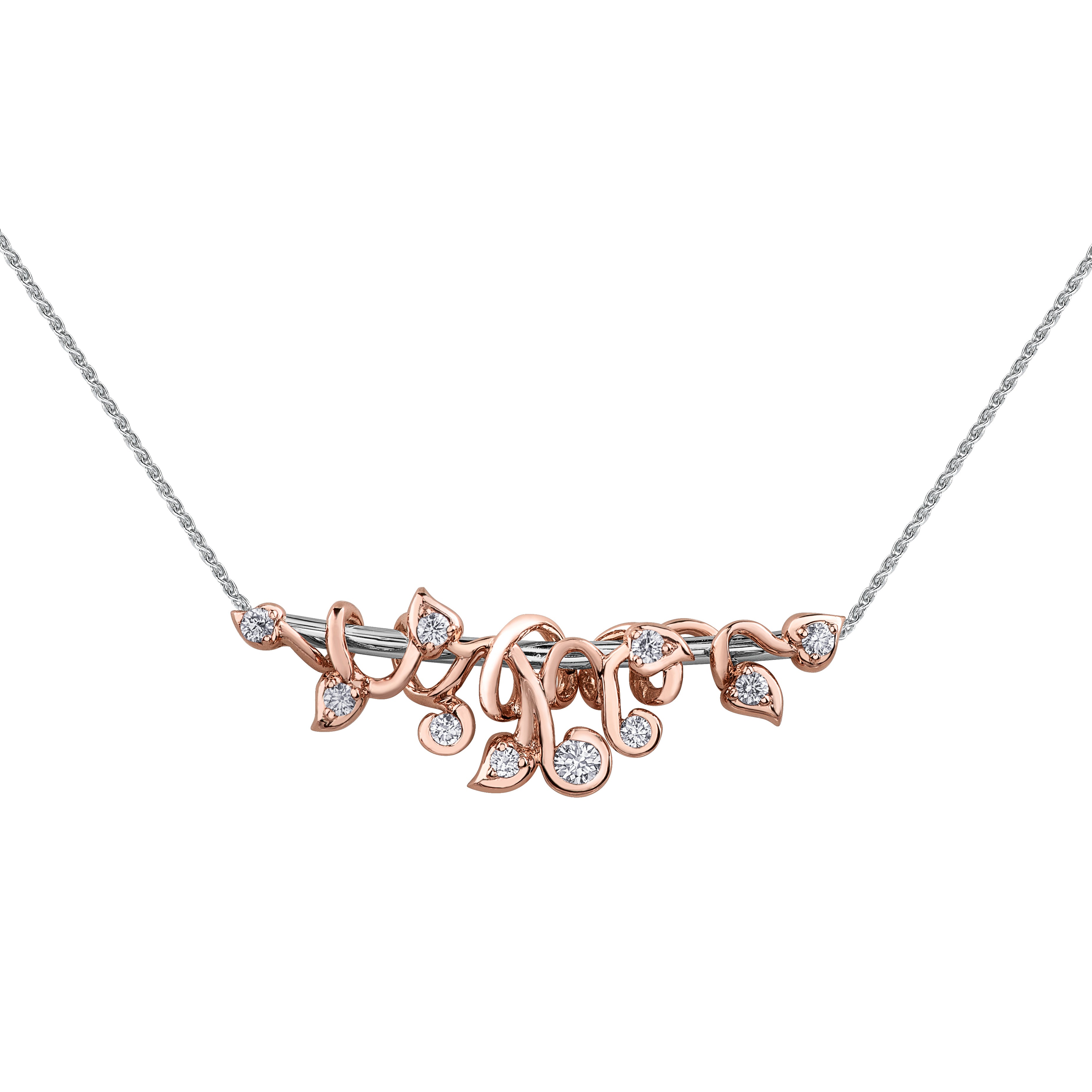 Crafted in 14KT white Canadian Certified Gold, this pendant features a branch wrapped with 14KT rose Canadian Certified Gold vines set with round brilliant-cut Canadian diamonds.