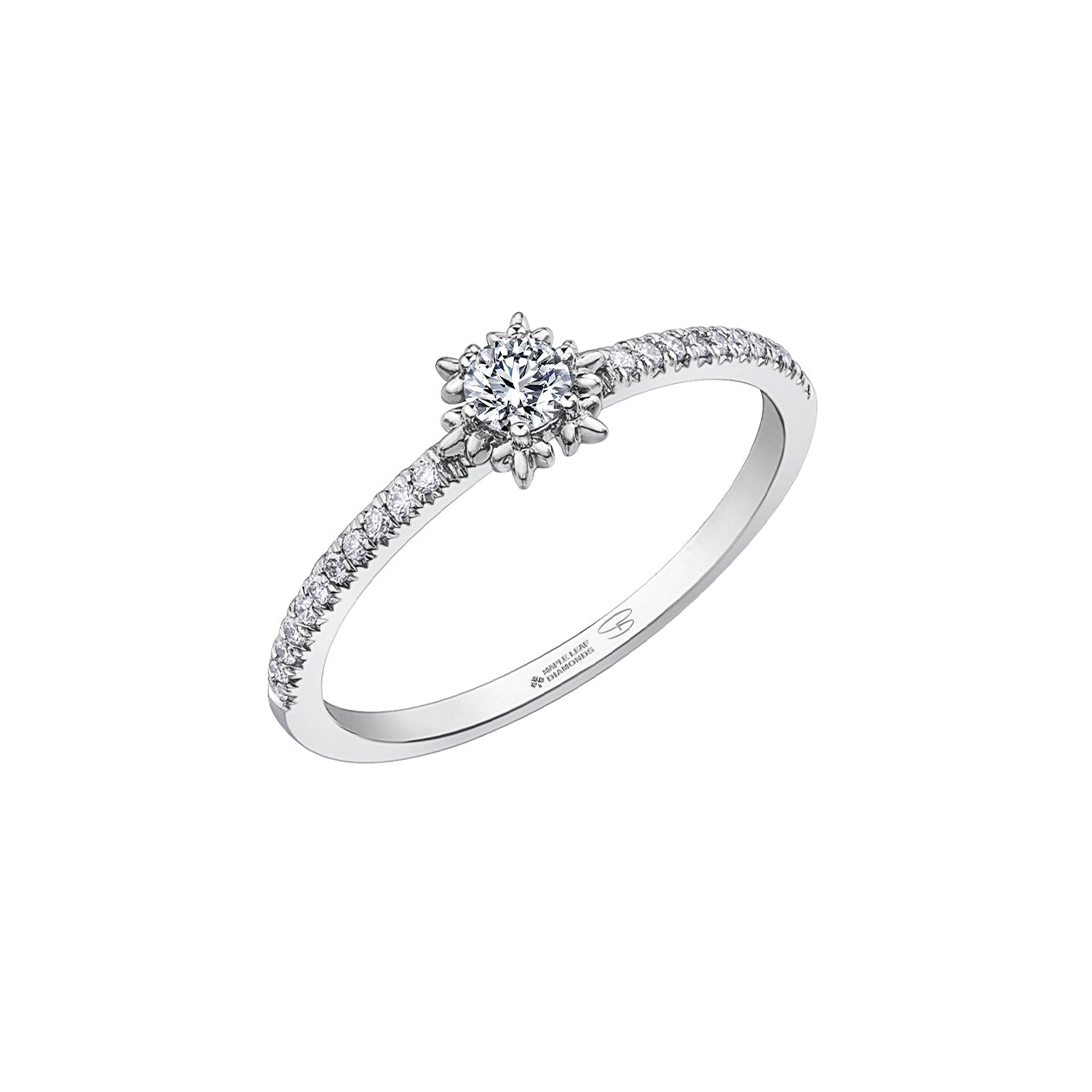 Crafted in 14KT white Certified Canadian Gold, this ring features a snowflake set with a round brilliant-cut Canadian diamond on a diamond set band. 