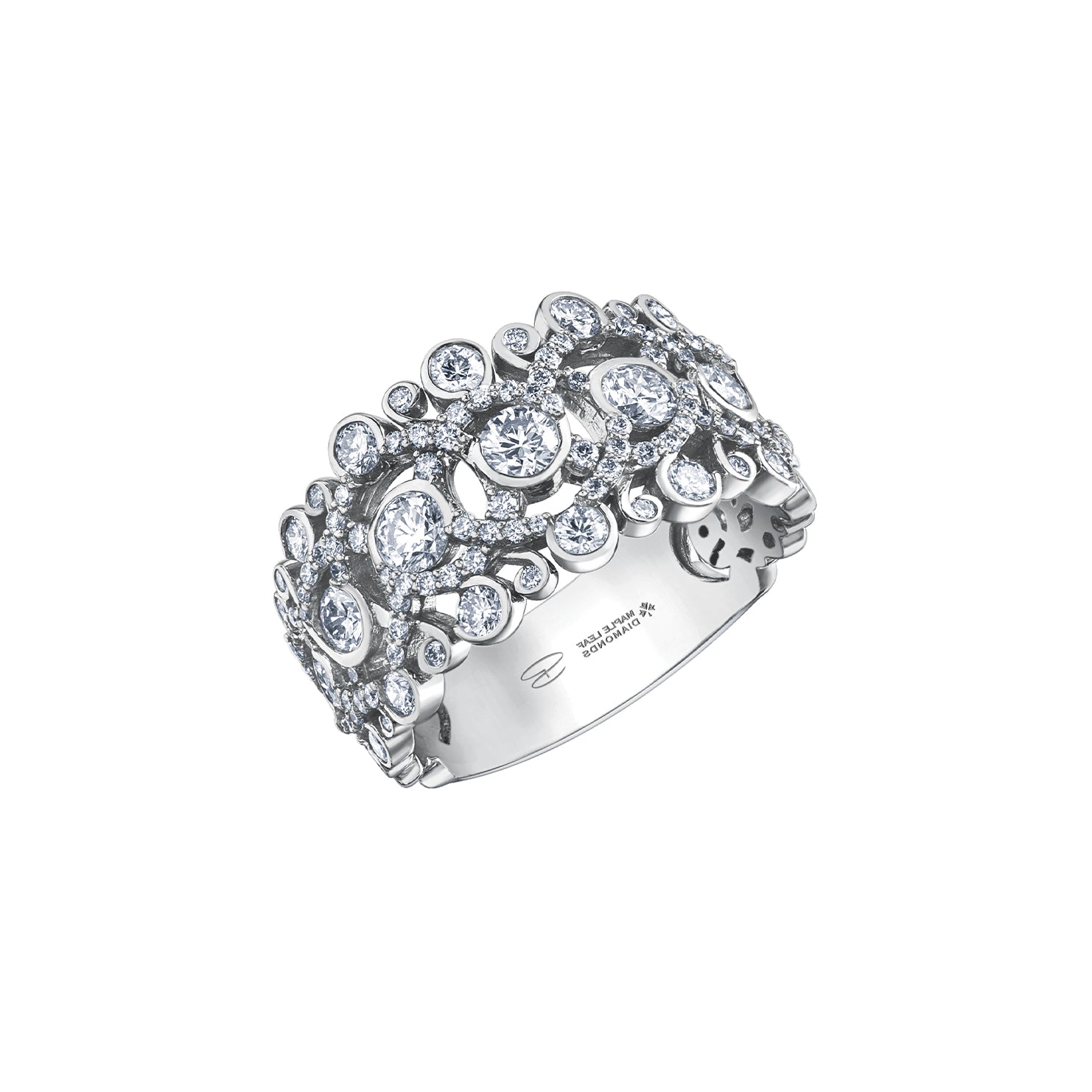 Crafted in 14KT white Certified Canadian Gold, this ring features a swirling design set with round brilliant-cut Canadian diamonds. 