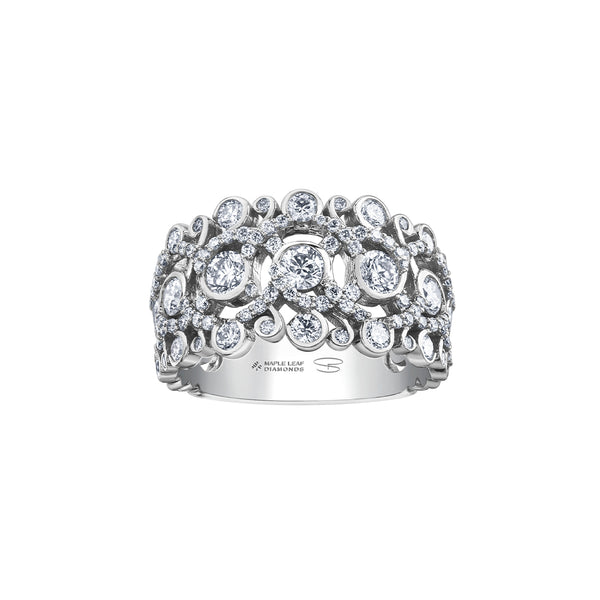Crafted in 14KT white Certified Canadian Gold, this ring features a swirling design set with round brilliant-cut Canadian diamonds. 