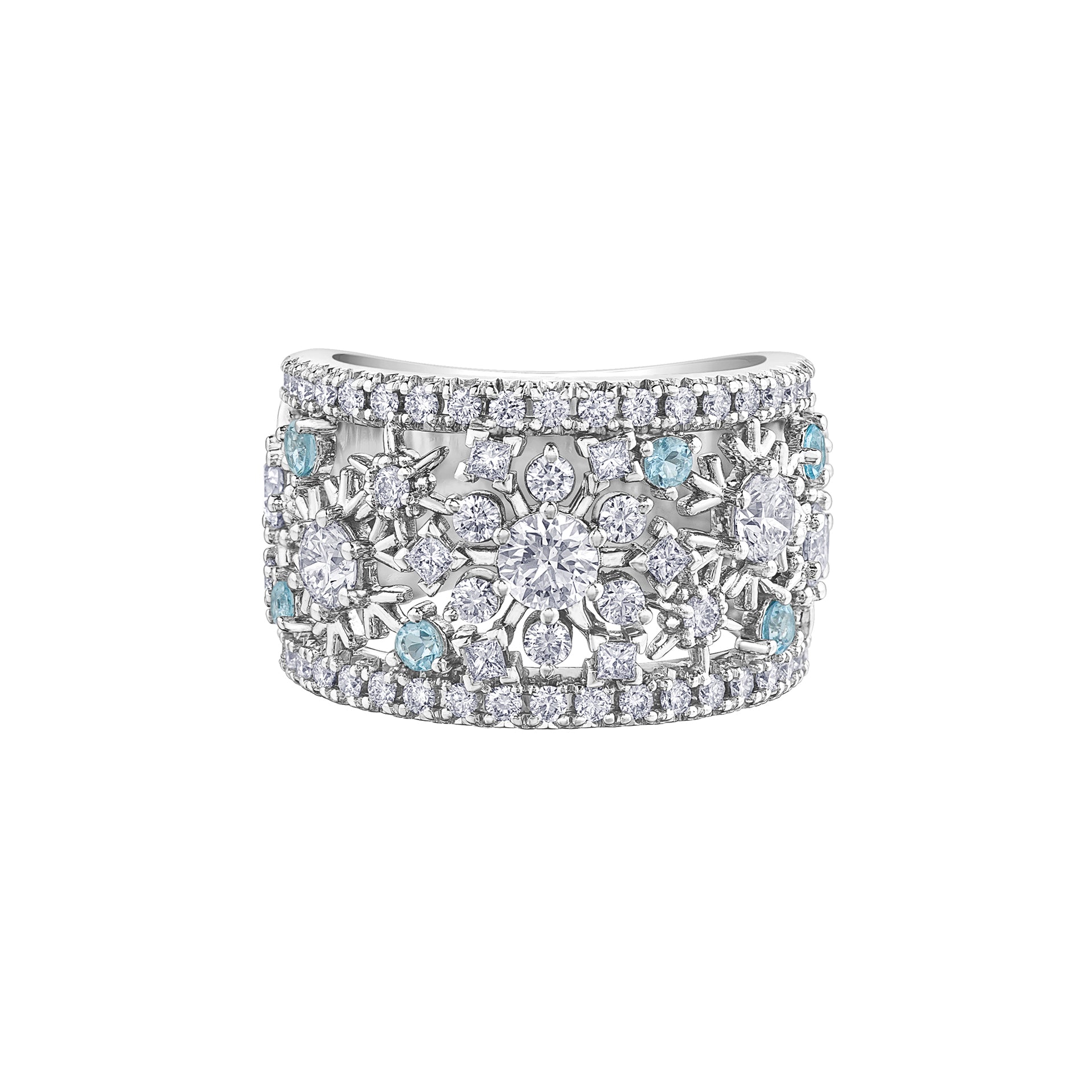 Crafted in 14Kt white Certified Canadian Gold, this ring features snowflakes set with round brilliant-cut Canadian diamonds and round-cut aquamarine accents.