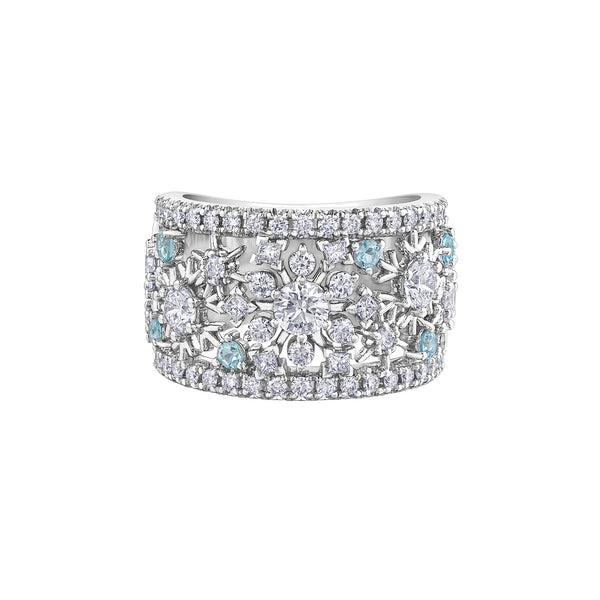 Crafted in 14Kt white Certified Canadian Gold, this ring features snowflakes set with round brilliant-cut Canadian diamonds and round-cut aquamarine accents.