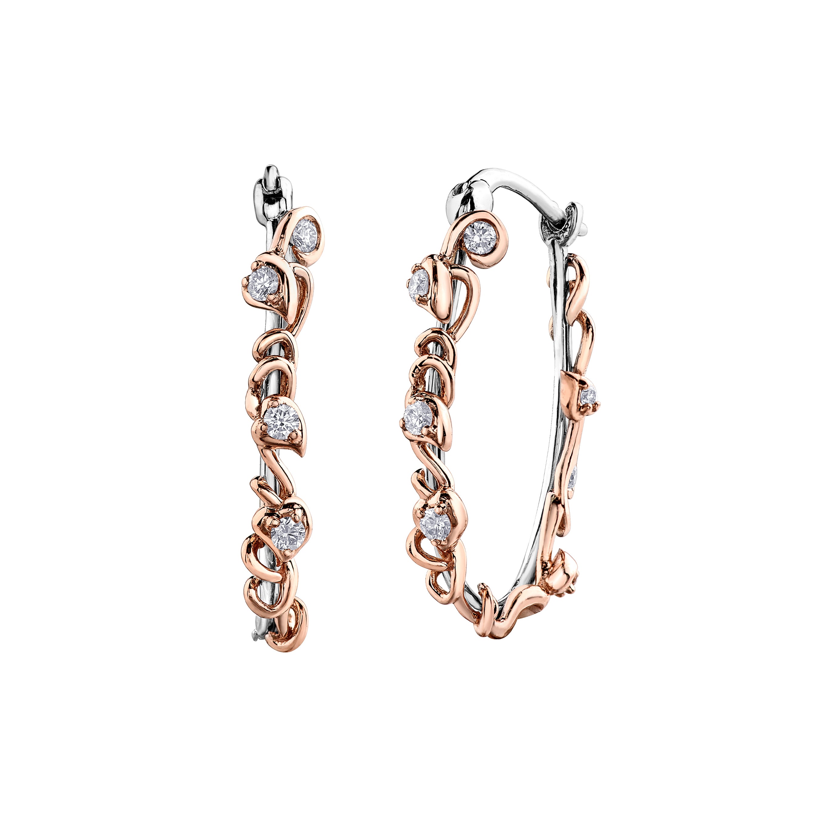 Crafted in 14KT white Certified Canadian Gold, these hoops earrings are wrapped with 14KT rose Certified Canadian Gold ivy vines set with round brilliant-cut Canadian diamonds 