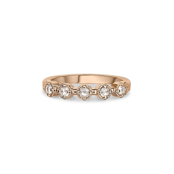 Crafted in 14KT rose gold, this ring features five rose-cut diamonds in cupcake settings on a vintage-inspired hand engraved band. 