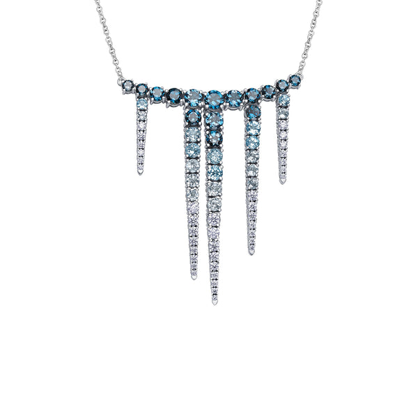 Crafted in 14KT white Certified Canadian Gold, this necklace features blue topaz and round brilliant-cut Canadian diamonds set in the shape of icicles.