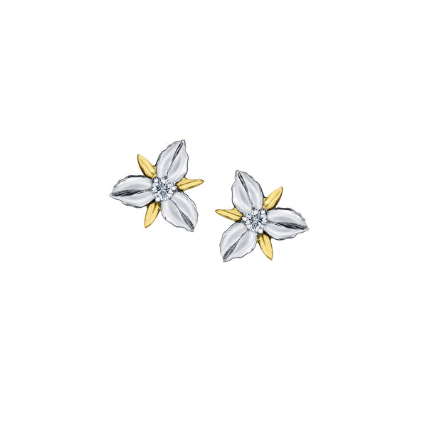 Crafted in 14KT white and yellow Certified Canadian Gold, these stud earrings feature Ontario trillium flowers set with round brilliant-cut Canadian diamonds