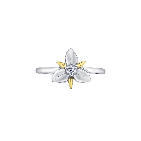 Crafted in 14KT white and yellow Certified Canadian Gold, this ring features an Ontario trillium flower set with a round brilliant-cut Canadian diamond