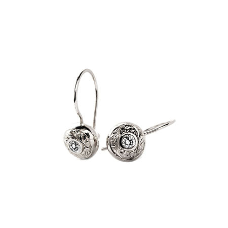 Crafted in 14KT white gold, these drop earrings feature round brilliant-cut diamonds with paisley hand-engraved halos. 