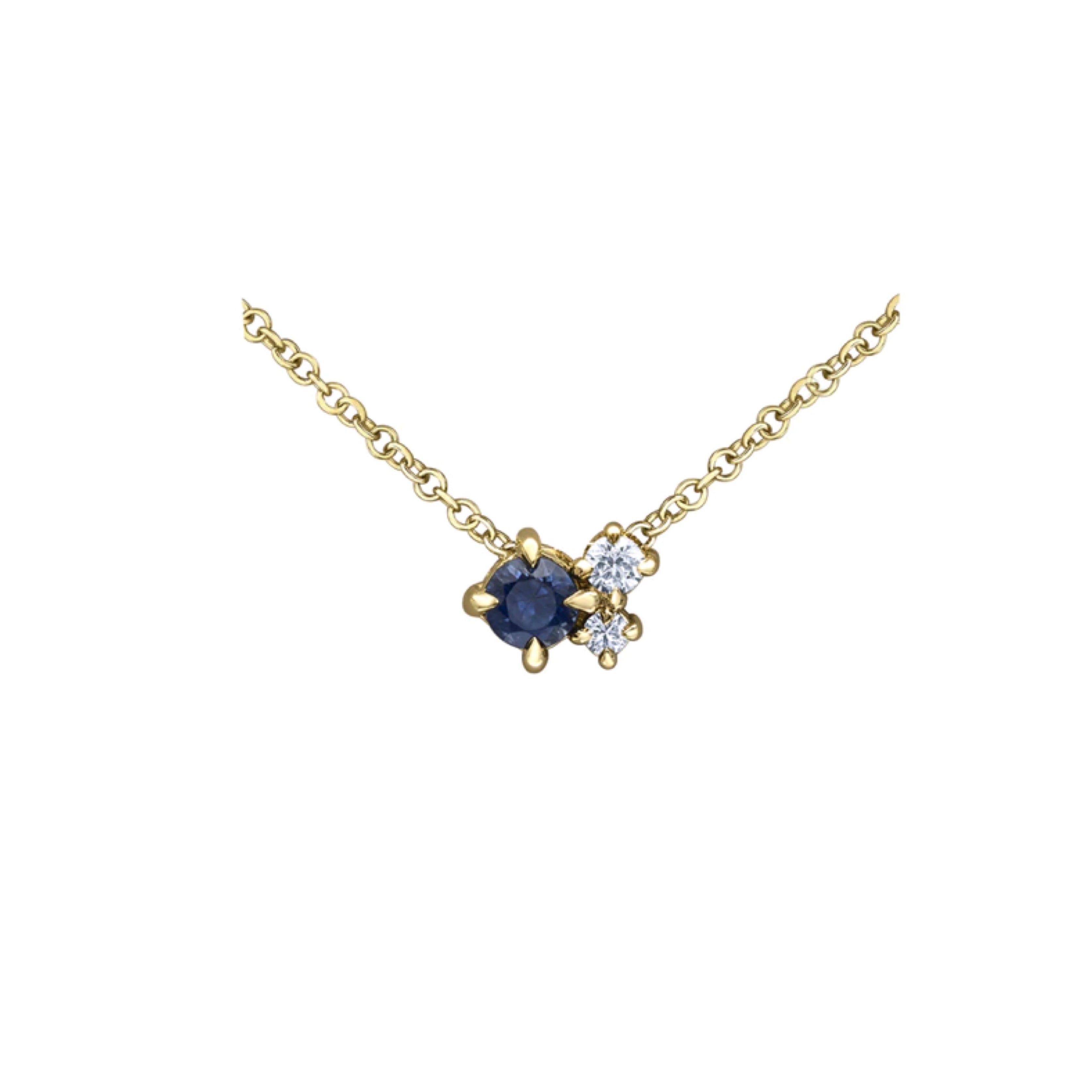 Crafted in yellow 14KT Canadian Certified Gold, this necklace features a sapphire and two round brilliant cut Canadian diamonds.
