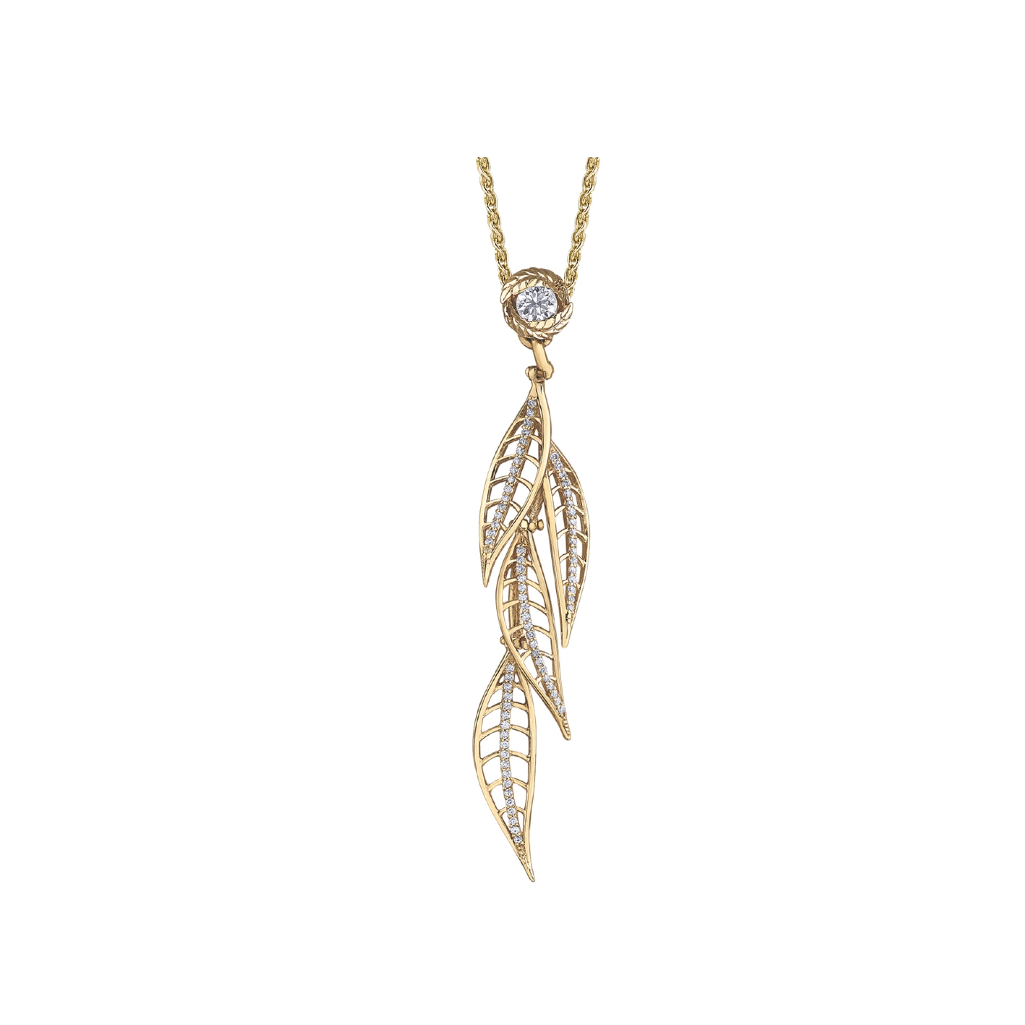 Crafted in 14KT yellow Canadian Certified Gold, this necklace features a round brilliant-cut Canadian diamond and four diamond-set willow tree leaves.