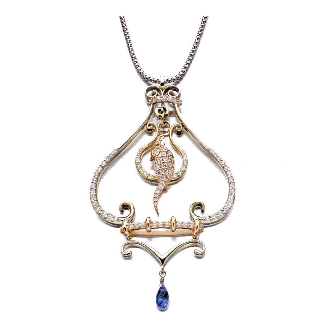 Crafted in 14KT yellow, white and rose gold, this necklace features a bird atop a delicate curled perch, both set with round brilliant-cut diamonds. A blue sapphire briolette hangs below, adding a regal touch of colour to this piece. 