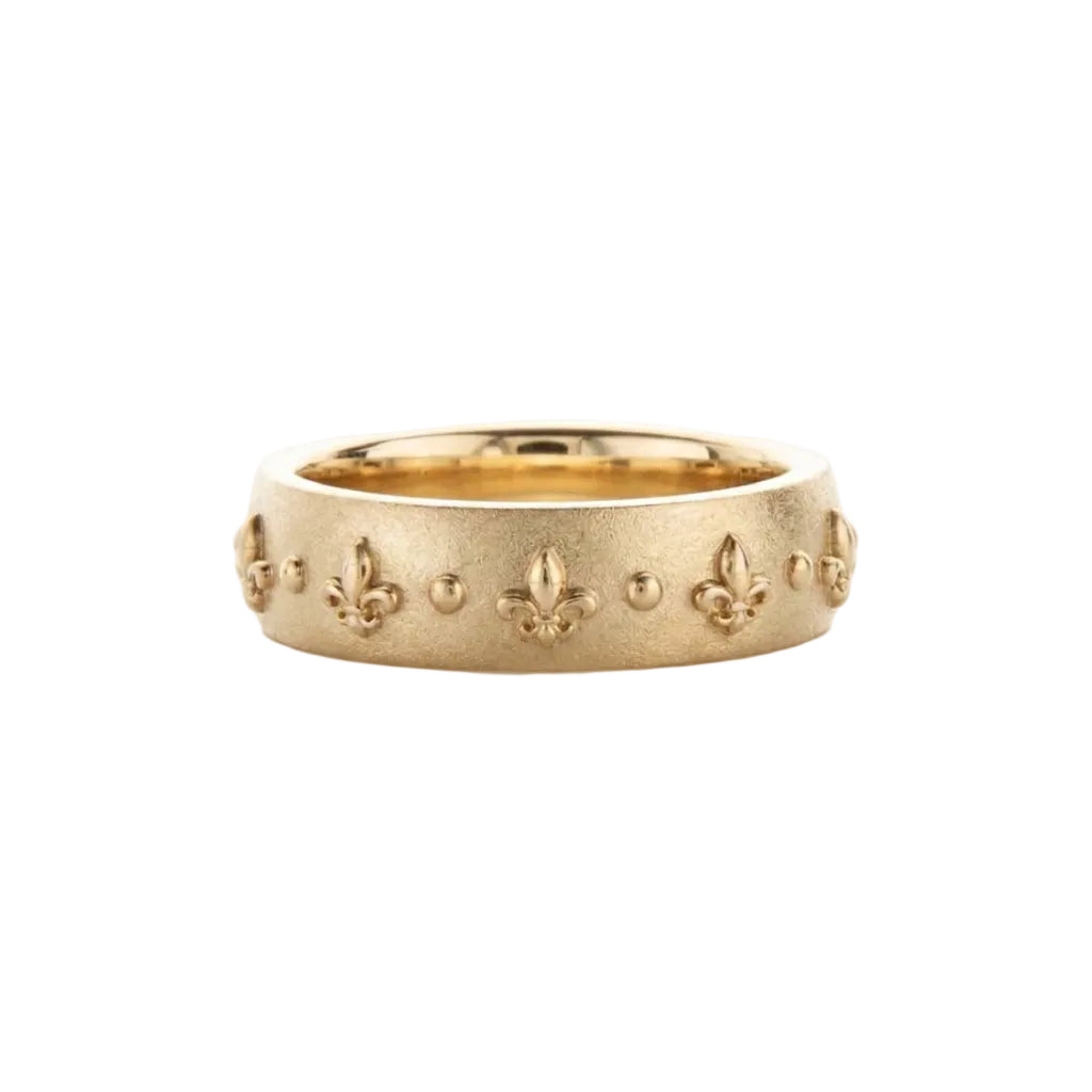 Crafted in 14KT gold, this ring is embossed with Fleur de Lys all around the band.