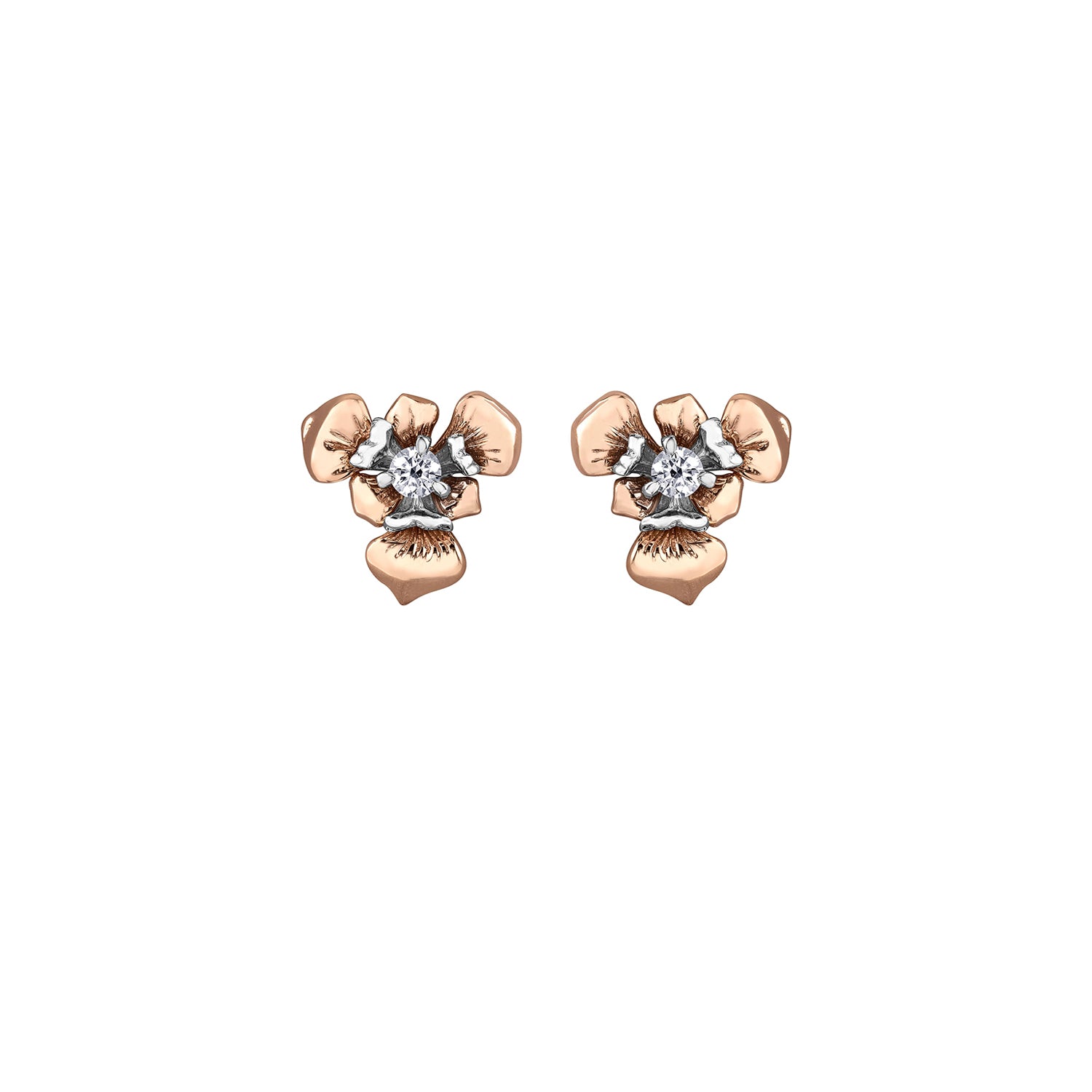 Crafted in 14KT rose and white Certified Canadian Gold, these earrings features Quebec blue flag iris flowers set with round brilliant-cut Canadian diamonds