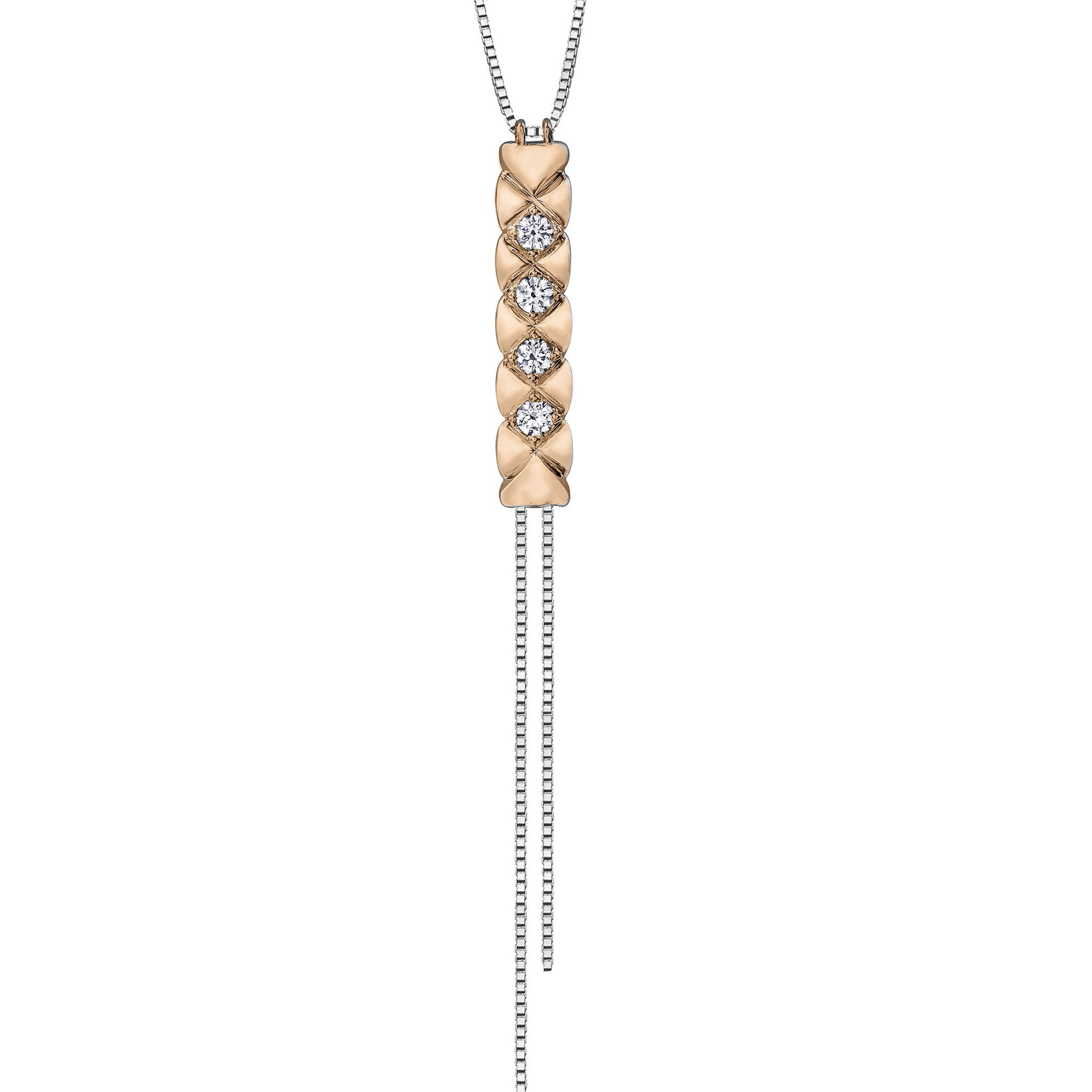 Crafted in 14KT rose Certified Canadian Gold, this bolo style necklace features a quilted pattern set with round brilliant-cut Canadian diamonds. 