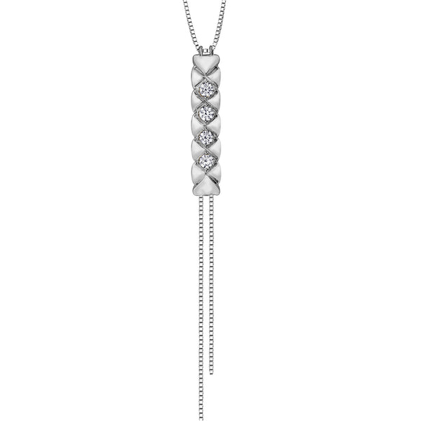 Crafted in 14KT white Certified Canadian Gold, this bolo style necklace features a quilted pattern set with round brilliant-cut Canadian diamonds. 