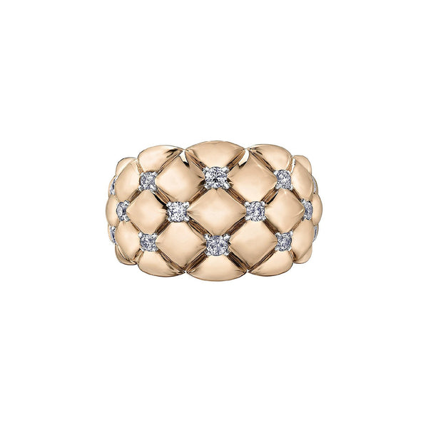 Crafted in 14KT rose Certified Canadian Gold, this quilted ring is set with round brilliant-cut Canadian diamonds. 