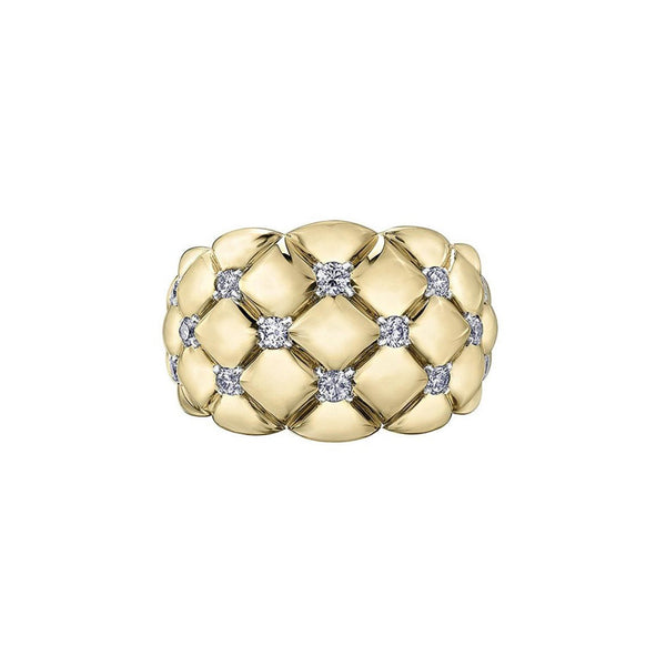 Crafted in 14KT yellow Certified Canadian Gold, this quilted ring is set with round brilliant-cut Canadian diamonds. 