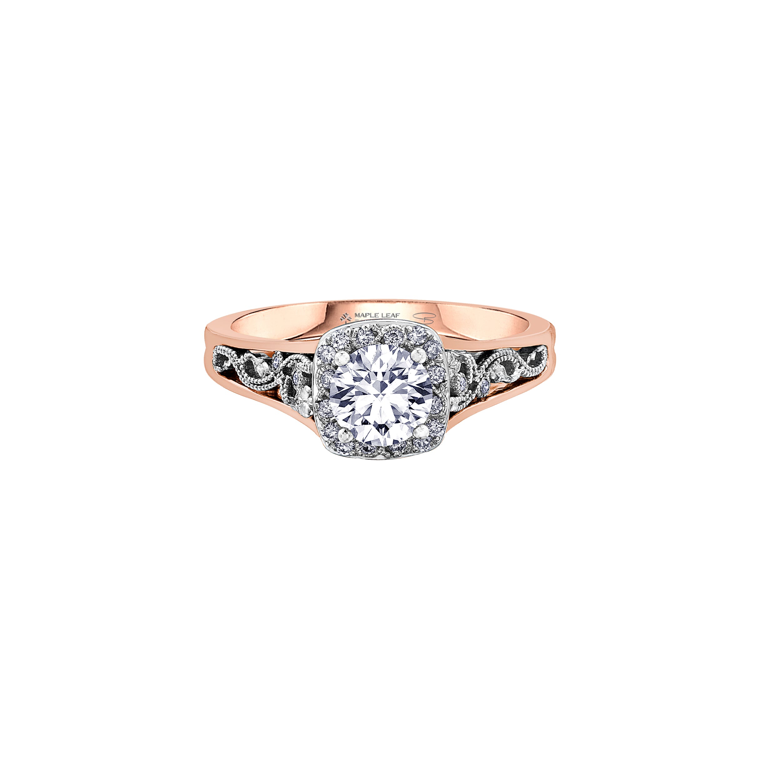 Crafted in 18KT white and rose Certified Canadian Gold, this engagement ring features a diamond halo with a round brilliant-cut Canadian centre diamond on a diamond set band with a rose vine design.
