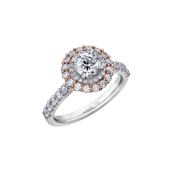 Crafted in 18kt rose Canadian Certified Gold and 18kt Pure White™, this engagement ring features a double halo with a round brilliant-cut Canadian centre diamond on a diamond set band.