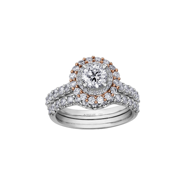 Crafted in 18kt rose Canadian Certified Gold and 18kt Pure White™, this engagement ring features a double halo with a round brilliant-cut Canadian centre diamond on a diamond set band.