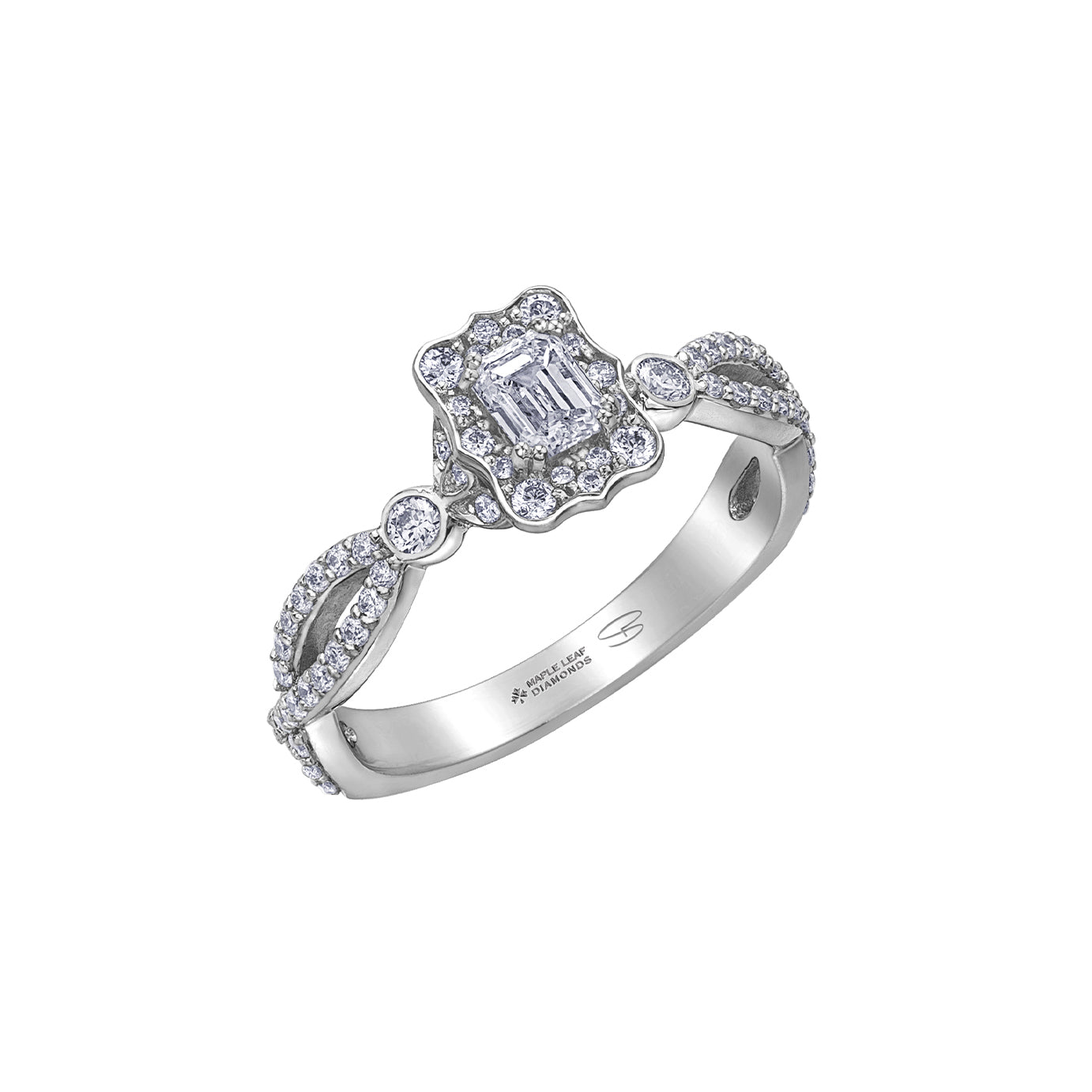 Crafted in 18kt Pure White™, this engagement ring features a diamond set emerald-shaped halo with an emerald-cut Canadian centre diamond. All on a diamond set infinity symbol-inspired band.  