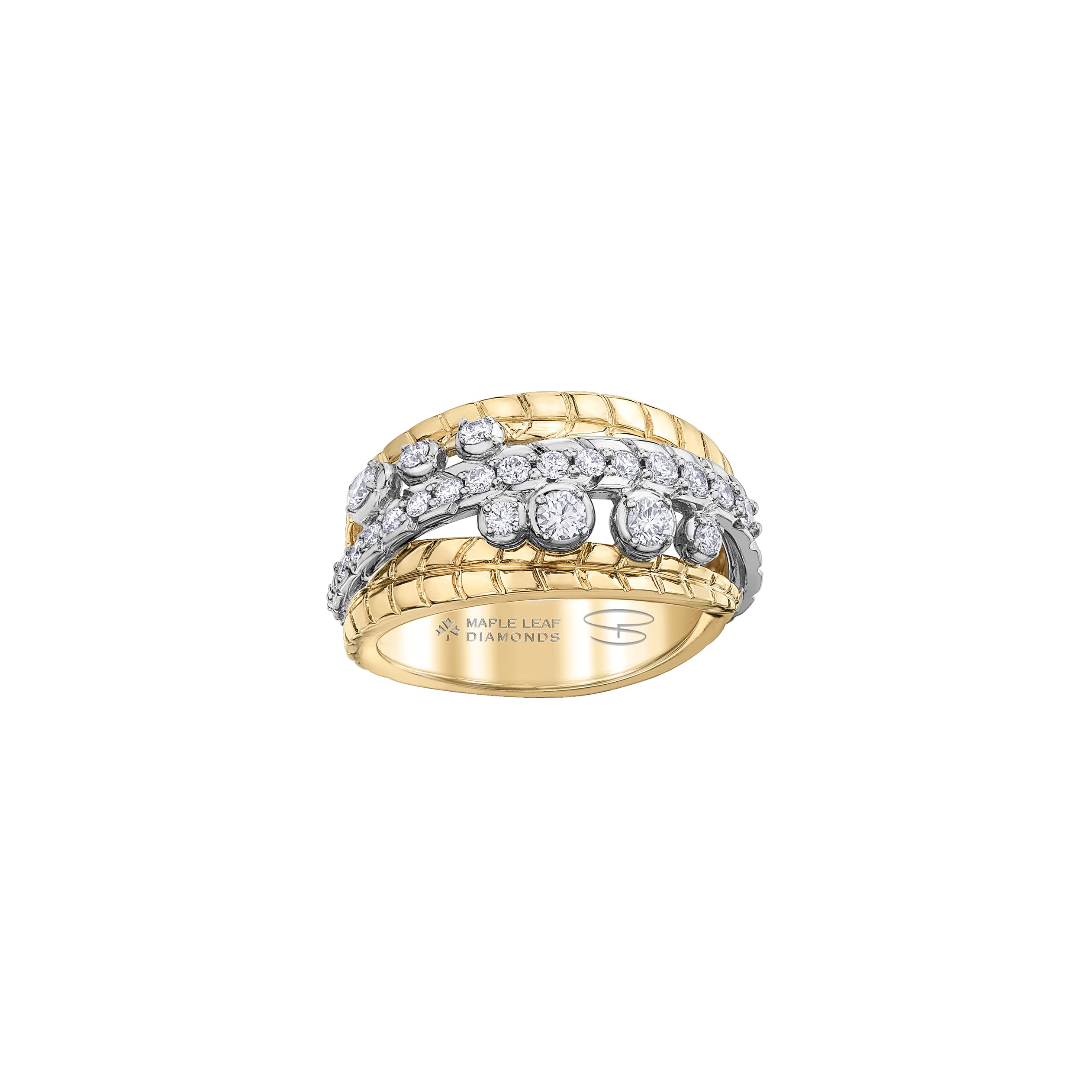 This ring features 14KT white Certified Canadian Gold set with a row of round brilliant-cut Canadian diamonds with accent Canadian diamonds, all between two 14KT yellow Certified Canadian Gold leaves.