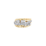 This ring features 14KT white Certified Canadian Gold set with a row of round brilliant-cut Canadian diamonds with accent Canadian diamonds, all between two 14KT yellow Certified Canadian Gold leaves.