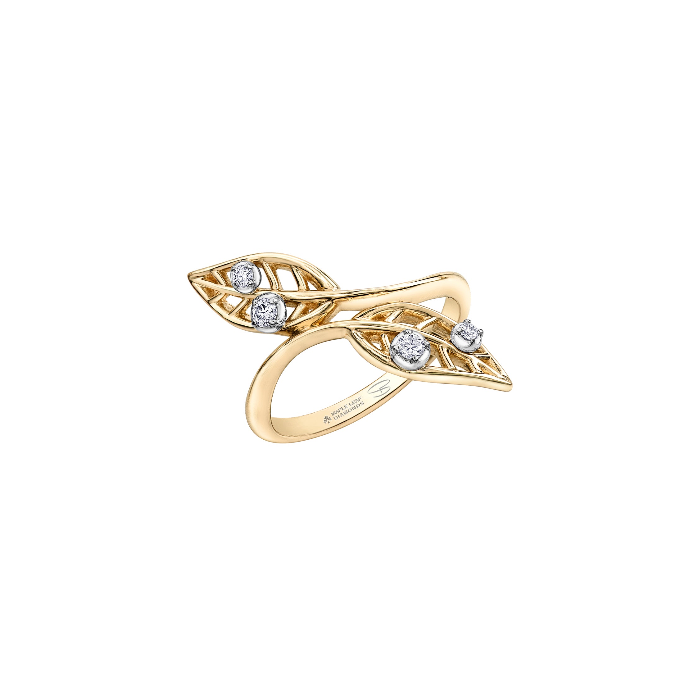 Crafted  in 14KT yellow Canadian Certified Gold, this ring features two willow tree leaves set with four round brilliant-cut Canadian diamonds.