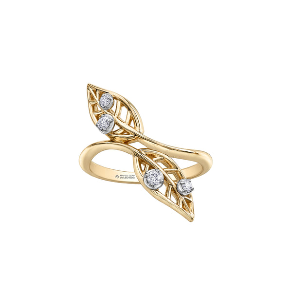 Crafted  in 14KT yellow Canadian Certified Gold, this ring features two willow tree leaves set with four round brilliant-cut Canadian diamonds.
