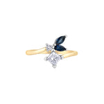 Crafted in yellow 14KT Canadian Certified Gold, this diamond ring is set with two petal-shaped sapphires and princess cut & round brilliant cut Canadian diamonds.