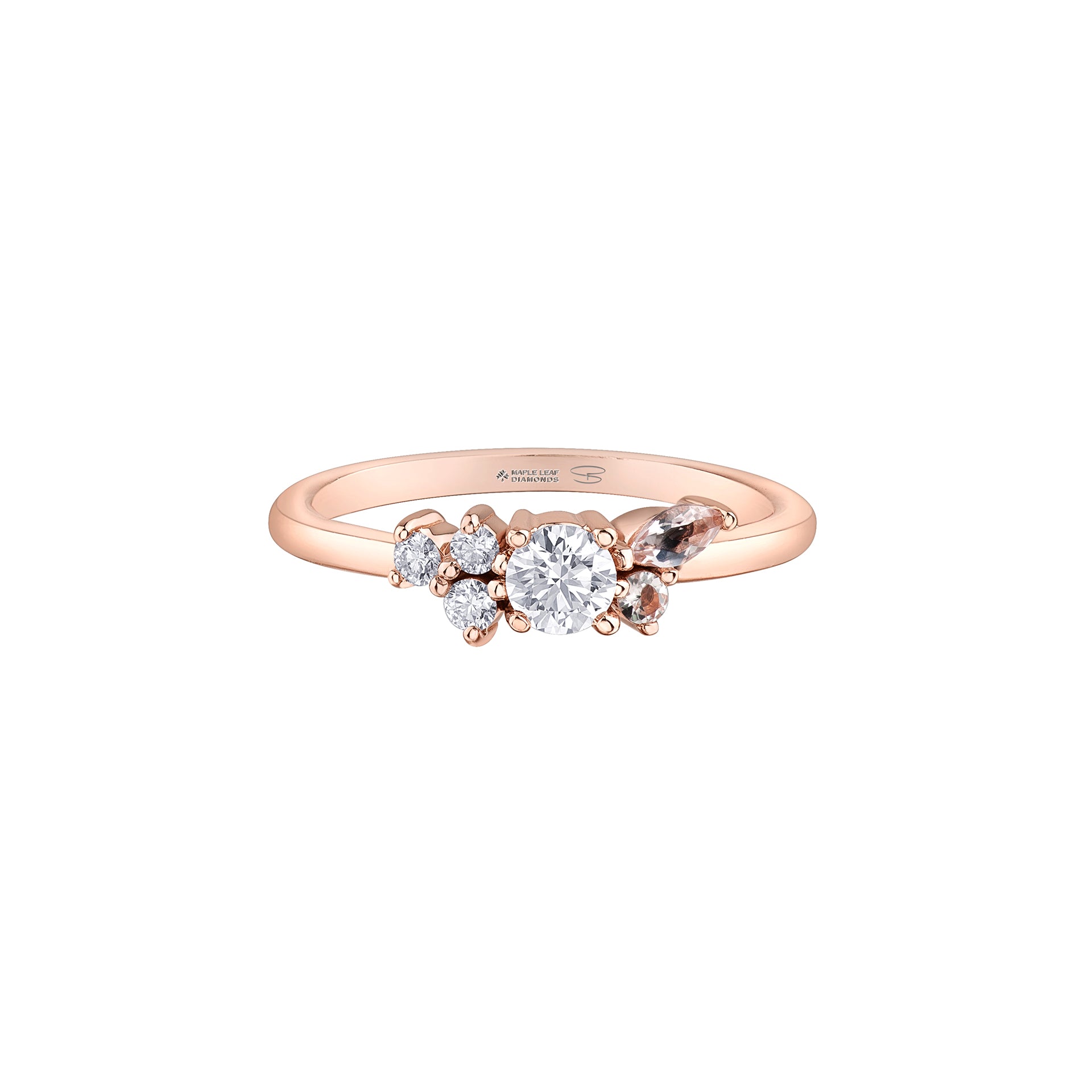 Crafted in white 14KT Canadian Certified Gold, this ring features four round brilliant cut Canadian diamonds and two morganite.