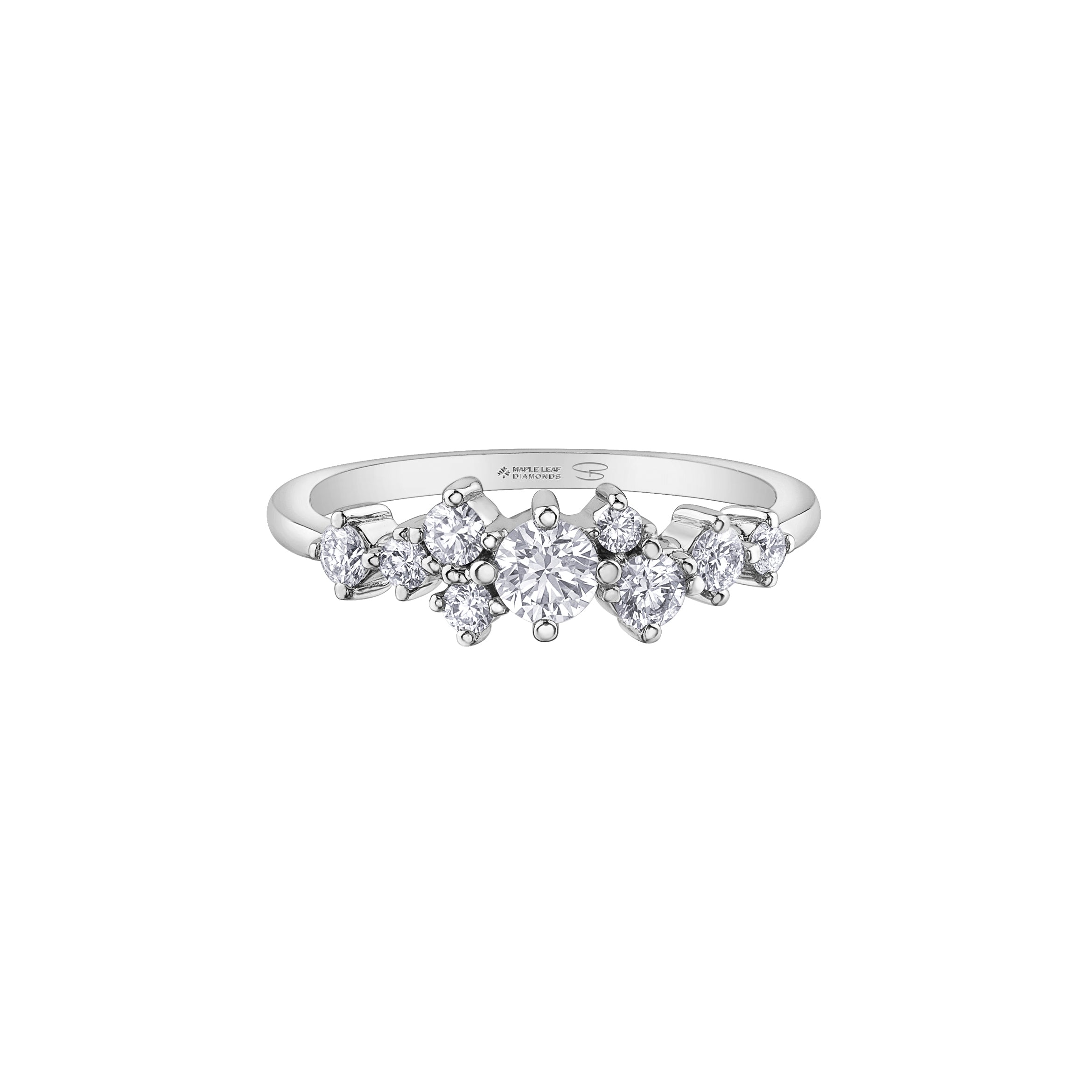 Crafted in white 14KT Canadian Certified Gold, this ring features nine round brilliant cut Canadian diamonds.