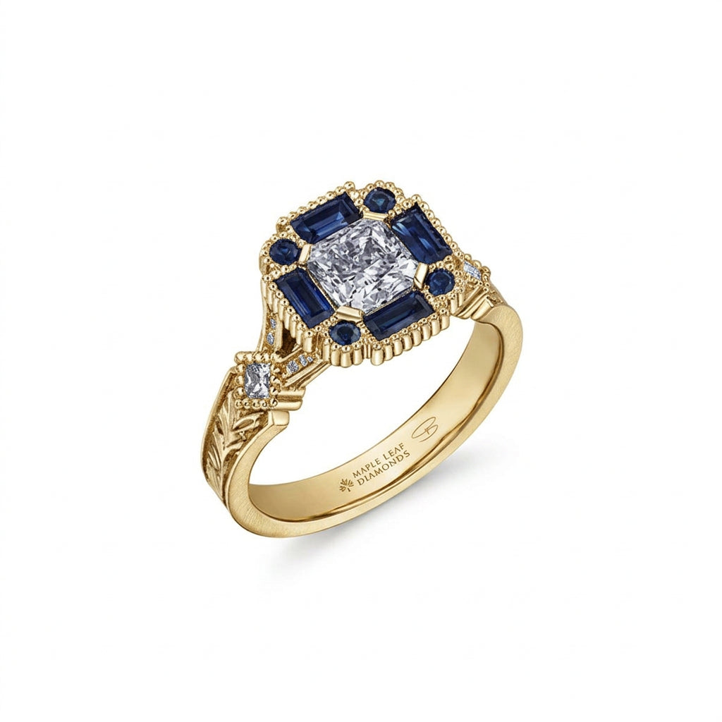 Crafted in 18KT Canadian Certified Gold, this ring features a radiant-cut Canadian diamond framed by round and baguette-cut blue sapphires on a frost-inspired hand engraved band. 