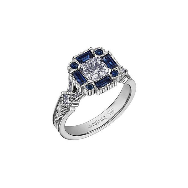Crafted in 18KT Canadian Certified Gold, this ring features a radiant-cut Canadian diamond framed by round and baguette-cut blue sapphires on a frost-inspired hand engraved band. 