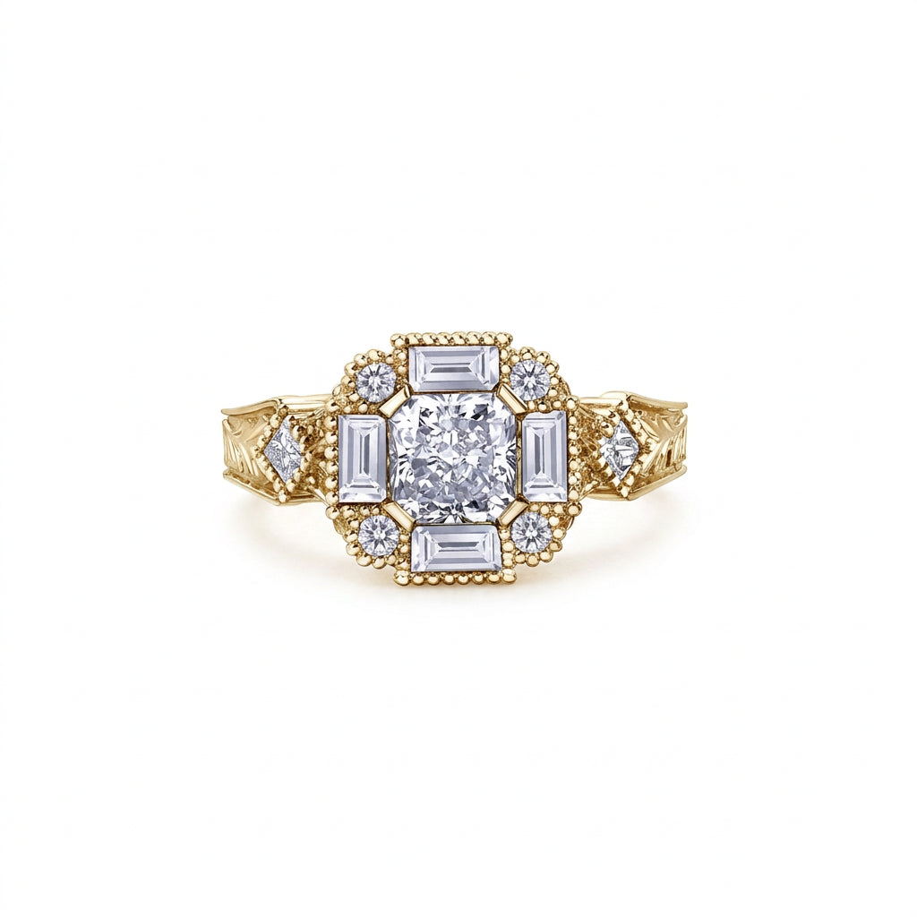 18K gold Radiant-cut Canadian diamond ring with frost engravings, round and baguette diamond accents, and princess-cut side stones, 1.88 TDW.