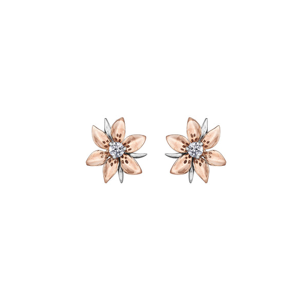 Crafted in 14KT white and rose Certified Canadian Gold, these earrings feature Saskatchewan western red lily flowers set with round brilliant-cut Canadian diamonds