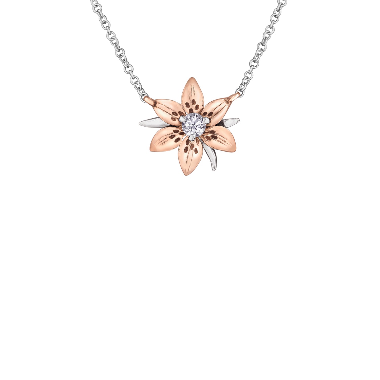 Crafted in 14KT white and rose Certified Canadian Gold, this necklace features a Saskatchewan western red lily flower set with a round brilliant-cut Canadian diamond