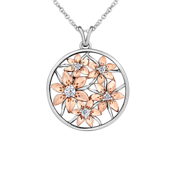 Crafted in 14KT white and rose Certified Canadian Gold, this pendant features Saskatchewan western red lily flowers set with round brilliant-cut Canadian diamonds
