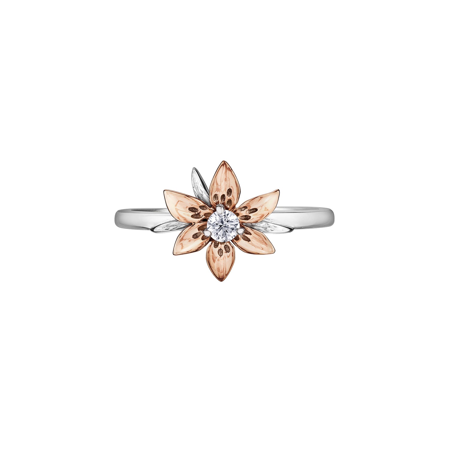 Crafted in 14KT white and rose Certified Canadian Gold, this ring features a Saskatchewan western red lily flower set with a round brilliant-cut Canadian diamond