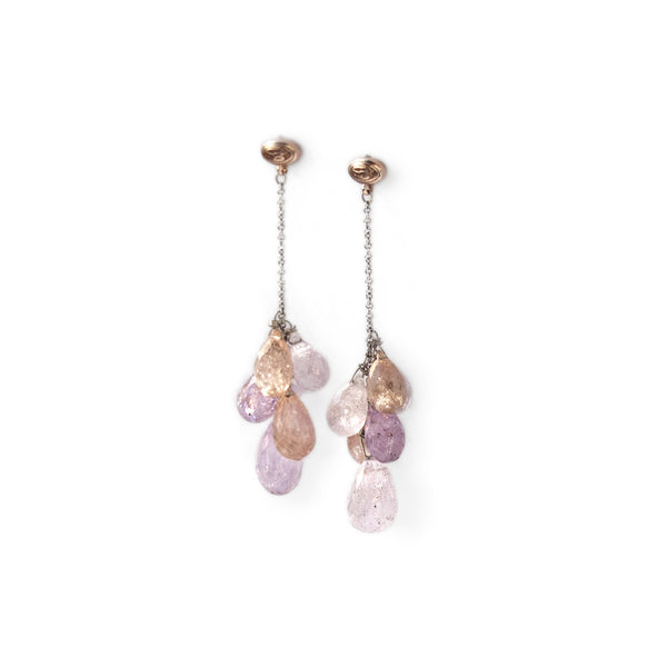 Earrings feautre morganite briolette drops cascading from 14KT rose gold Shelly Purdy Signature slider studs.